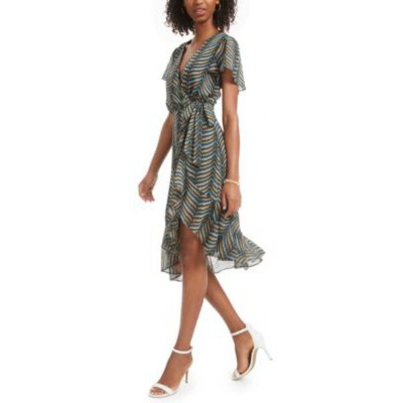 NWT City Studio Size 15 Multicolor Chevron Wrap Dress Ruffle Hem V-Neck - Picture 4 of 16